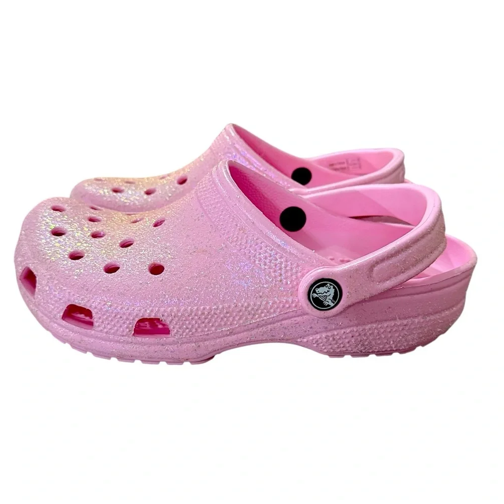 CROCS Classic Fit Girls Pink Tweed Slip On Glitter Clogs Big Kids J 5